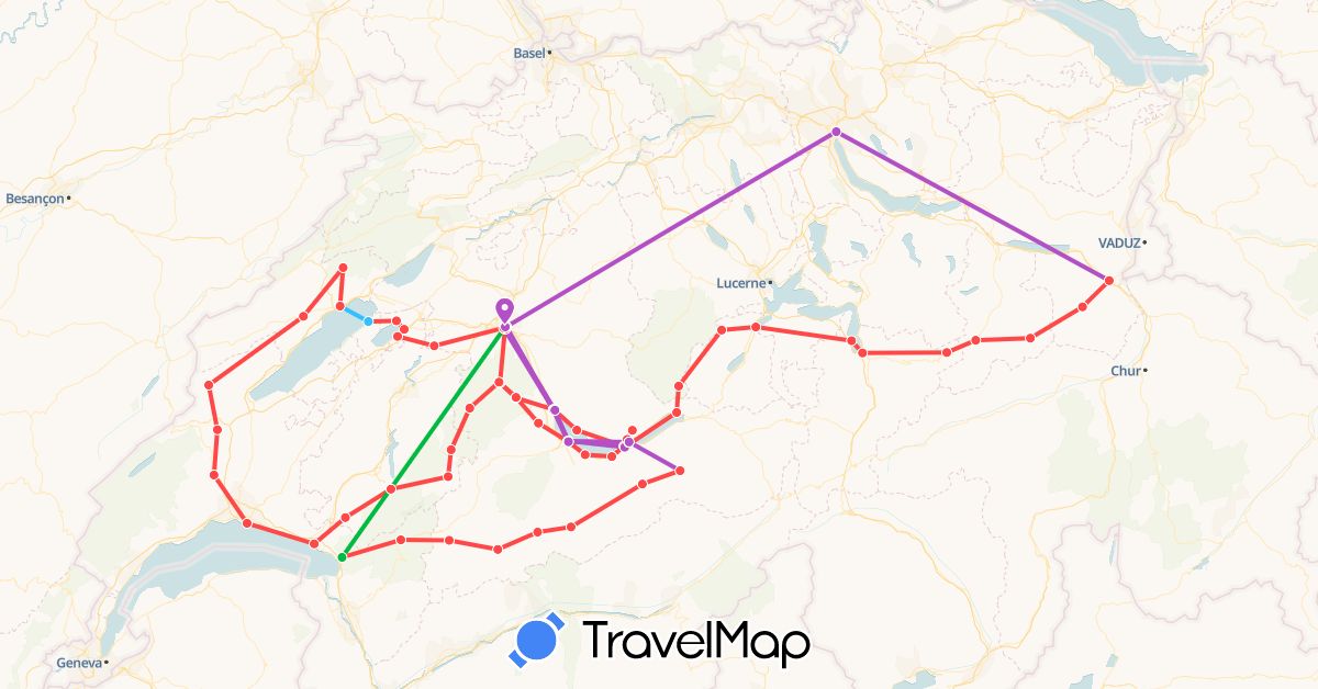 TravelMap itinerary: driving, bus, train, hiking, boat in Switzerland (Europe)