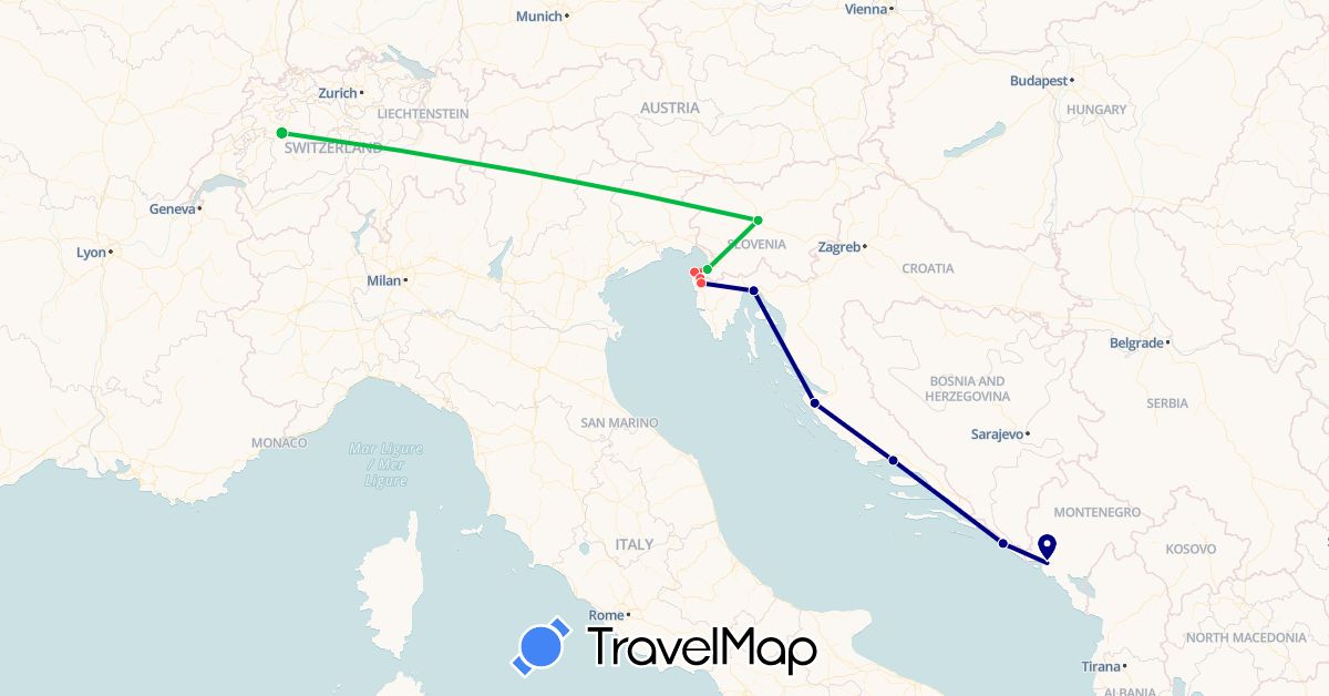 TravelMap itinerary: driving, bus, hiking in Switzerland, Croatia, Montenegro, Slovenia (Europe)