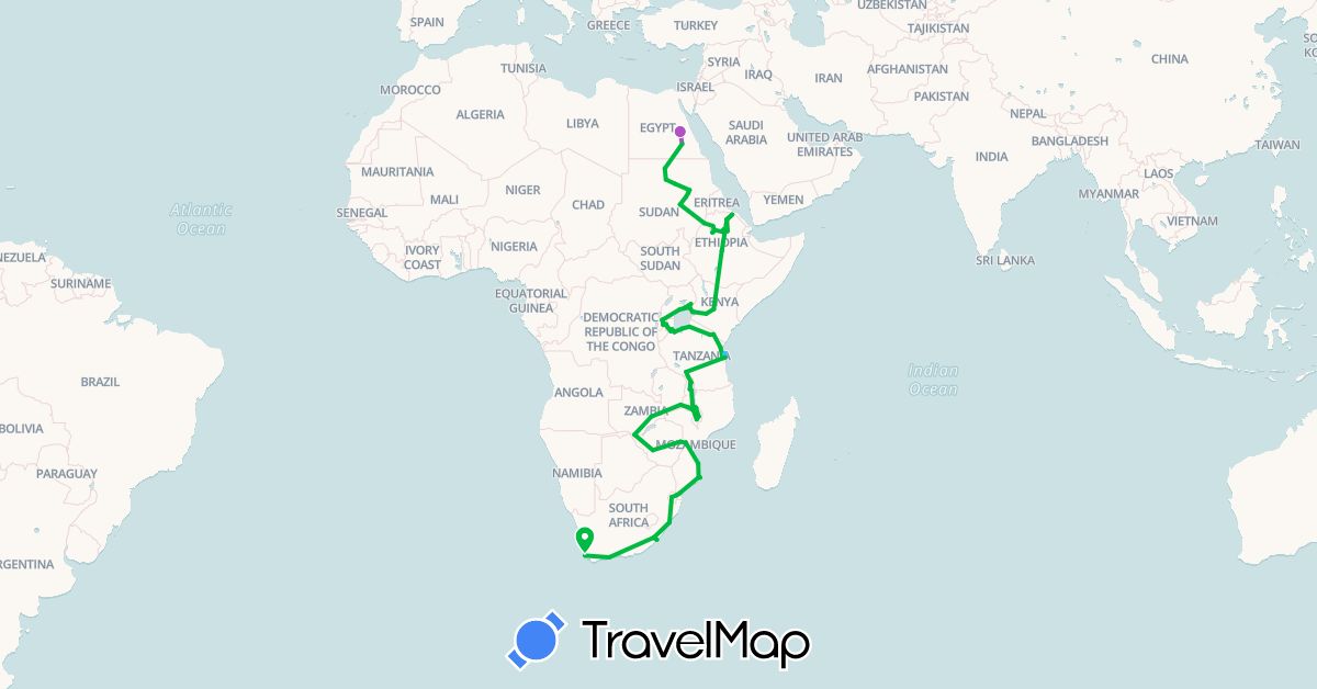 TravelMap itinerary: driving, bus, train, boat in Egypt, Ethiopia, Kenya, Malawi, Mozambique, Rwanda, Sudan, Swaziland, Tanzania, Uganda, South Africa, Zambia, Zimbabwe (Africa)